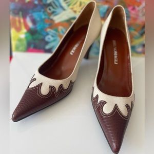 Bruno Magli pointed toe brown leather and beige canvas pump